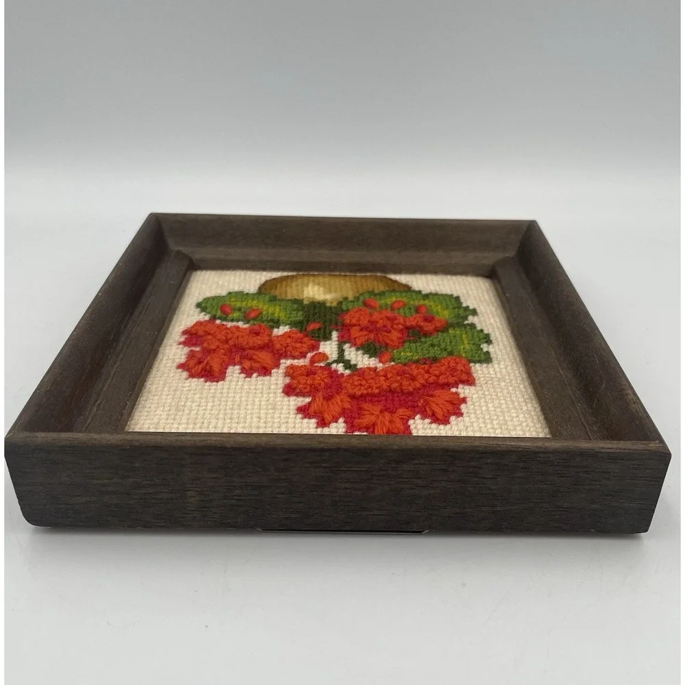 Vtg Floral Crewel Embroidery Framed Wall Art 6 x 6 Cottagecore Red Geraniums MCM